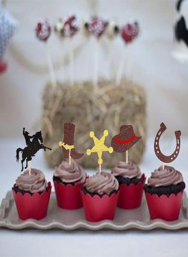 Confetti 25 PCS Cowboy Cupcake Toppers Glitter HorseShoe Cowboy Hats Boots Cupcake Picks Western Theme Baby Shower Birthday Party Cake Decorations Supplies - Image 3